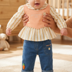 Peach Bear Frill Top & Denim Jeans Set for Baby Girls