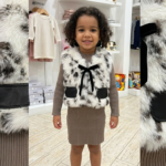 Girls' Black & White Printed Faux Fur Jacket with Ribbed Knit Dress