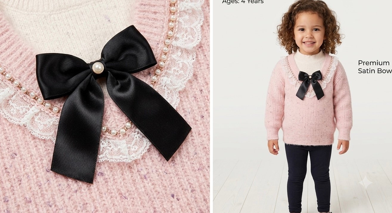 IMG_1365.jpeg Girls' Light Pink Pearl and Lace Embellished Winter Sweater - Image 1