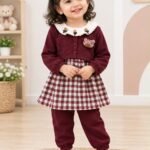 Girls Premium Pre-Winter 3-Piece Co-Ord Set – Maroon Checked Frock with Matching Top & Jogger