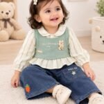 Mint Green Bear Top & Denim Pants Set for Baby Girls
